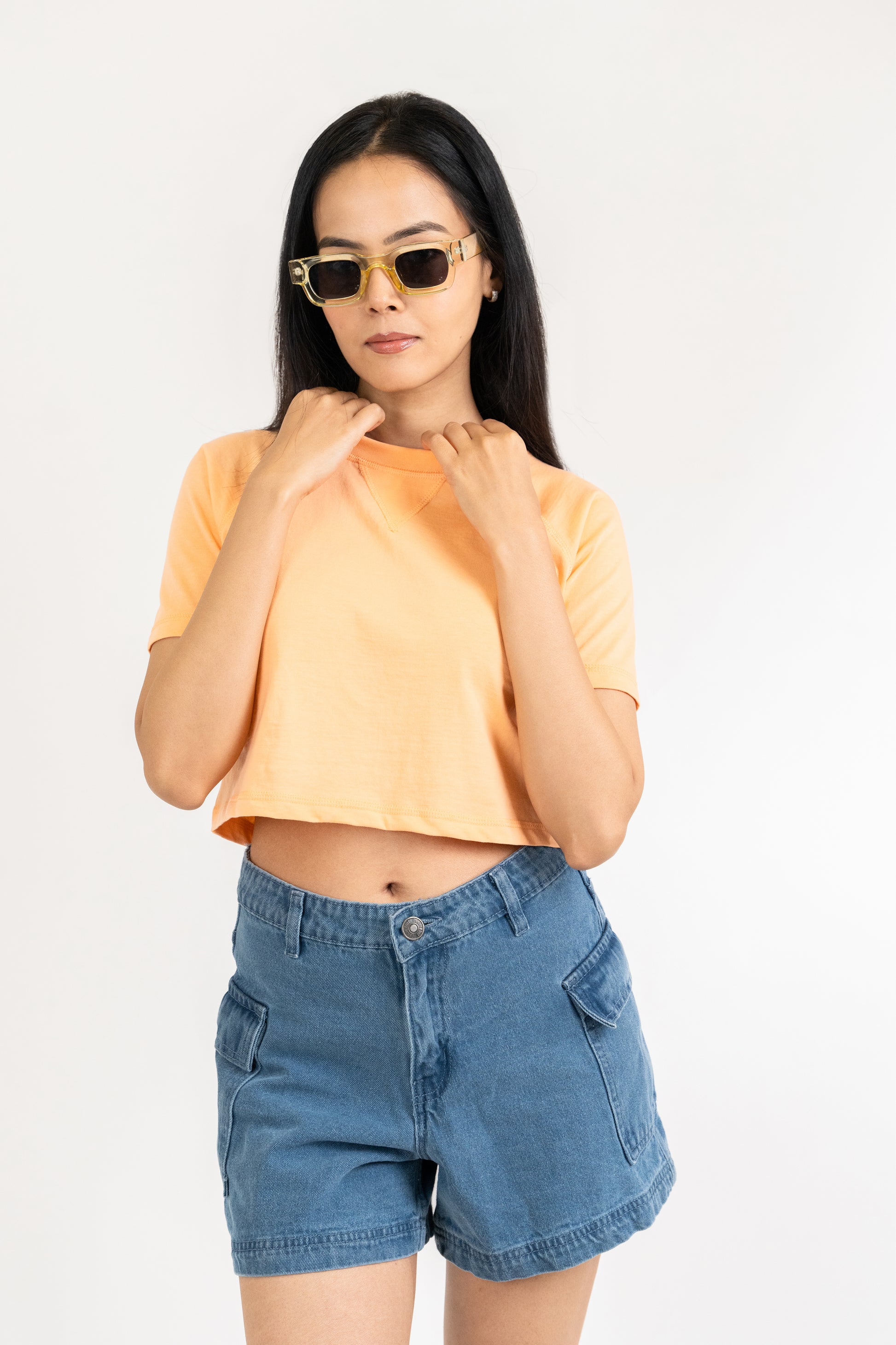 Womens Light Orange Midriff Raglan Crew Neck - Hippikart