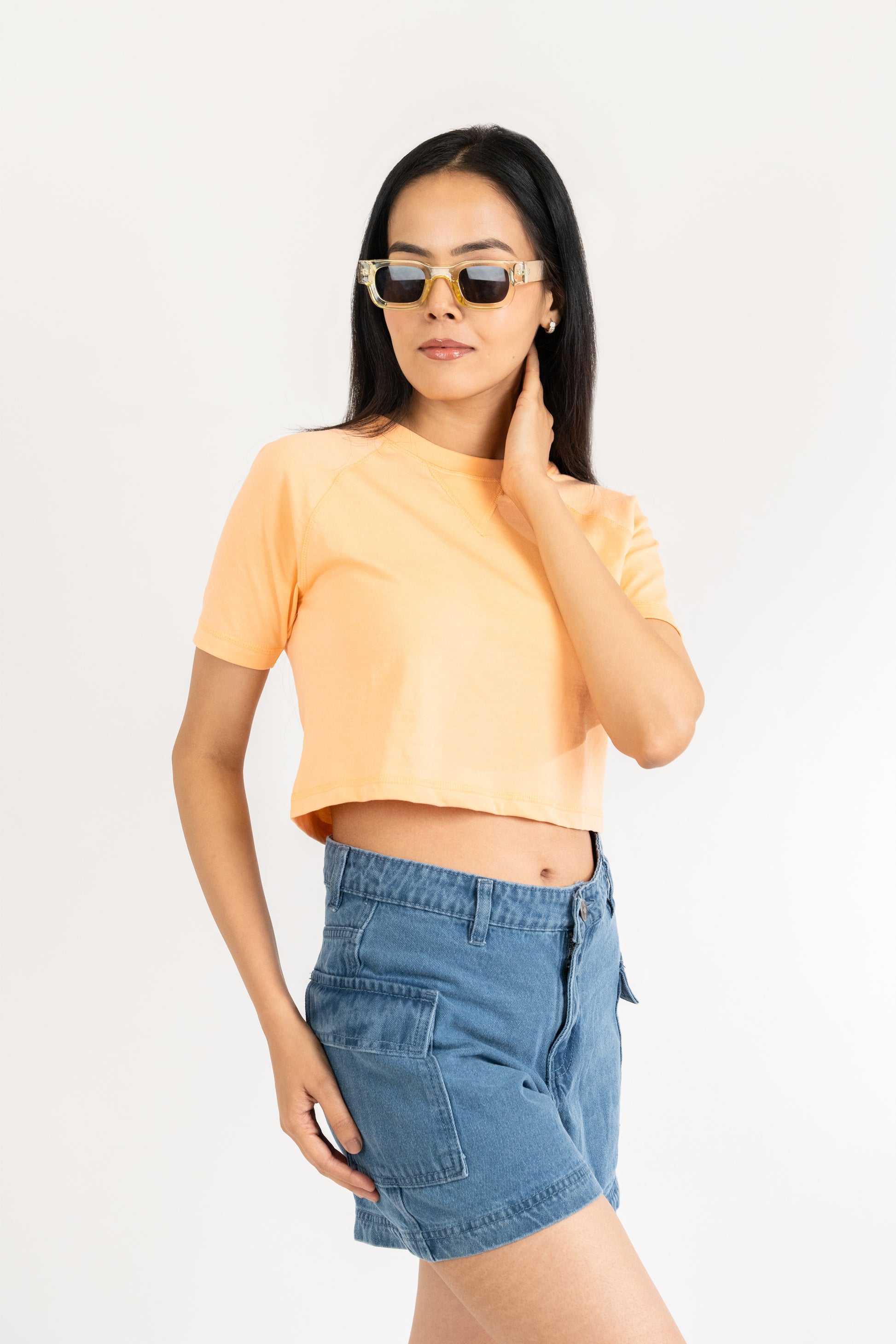 Womens Light Orange Midriff Raglan Crew Neck - Hippikart