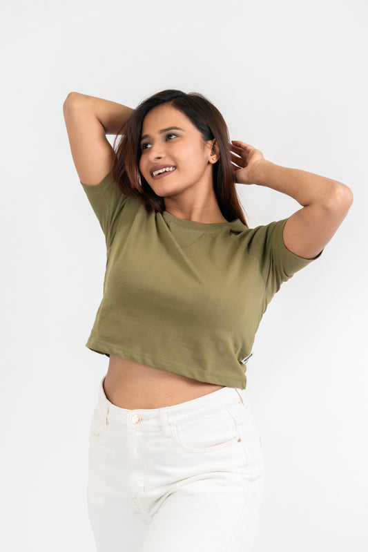 Womens Olive Midriff Raglan Crew Neck - Hippikart