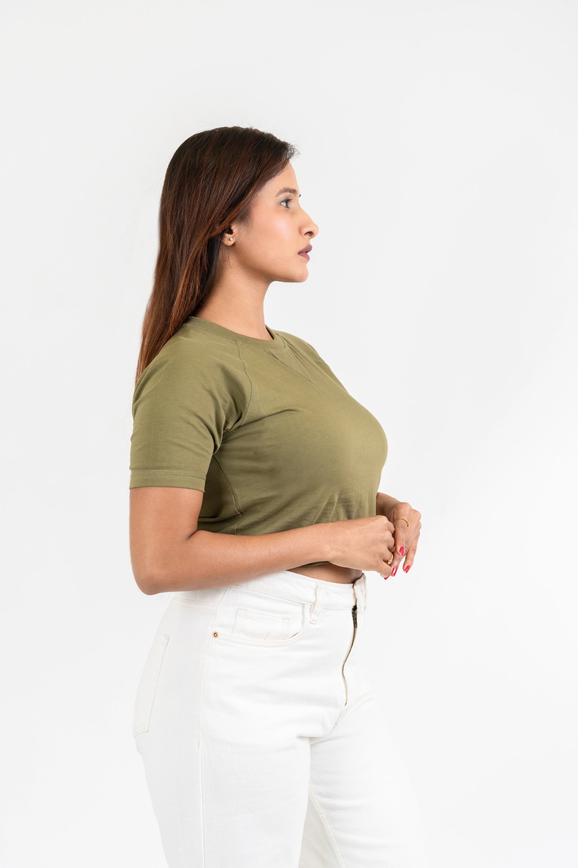 Womens Olive Midriff Raglan Crew Neck - Hippikart