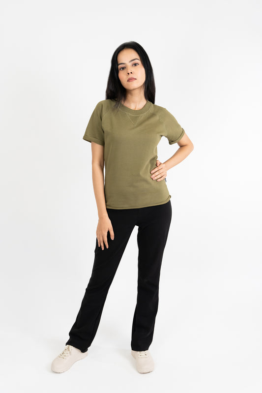 Womens Olive French Terry Raglan Crew Neck - Hippikart