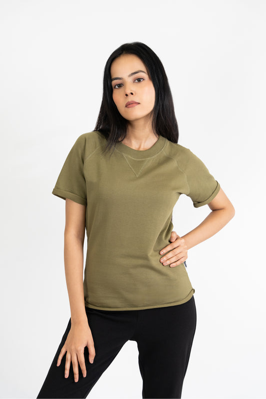 Womens Olive French Terry Raglan Crew Neck - Hippikart